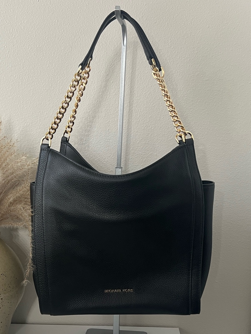MICHAEL Michael Kors Black Leather Shoulder Tote with Gold Chain